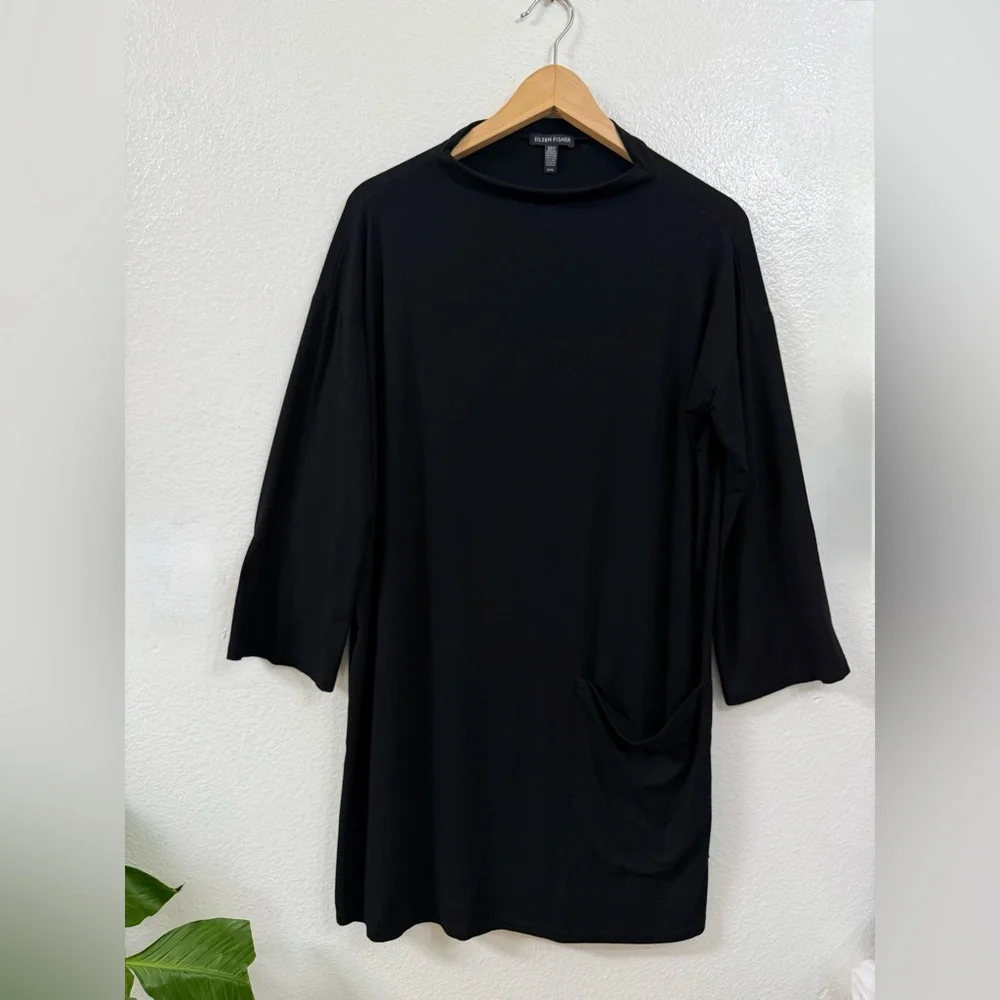 Eileen Fisher Women's Stretch Jersey Patch Pocket Black Tunic Size:M - Picture 4 of 11